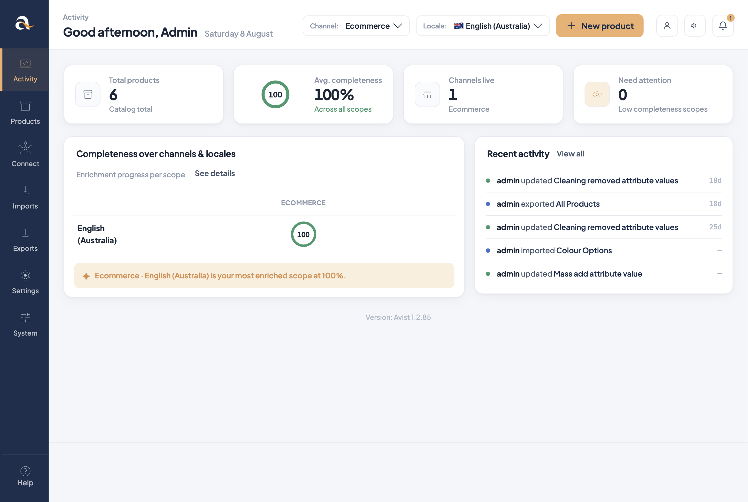 Avist Activity dashboard showing catalog totals and completeness