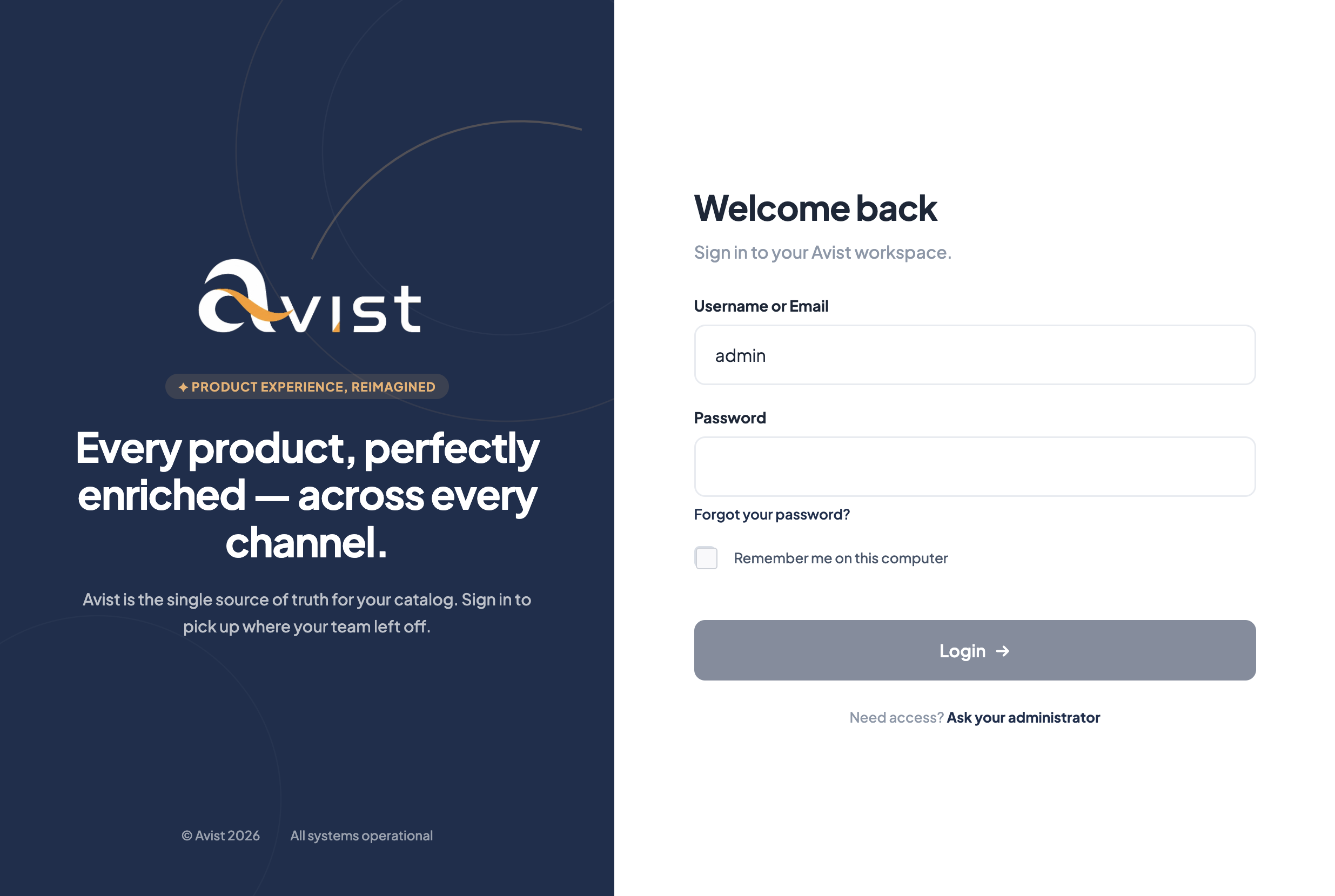 Avist login screen with Welcome back form