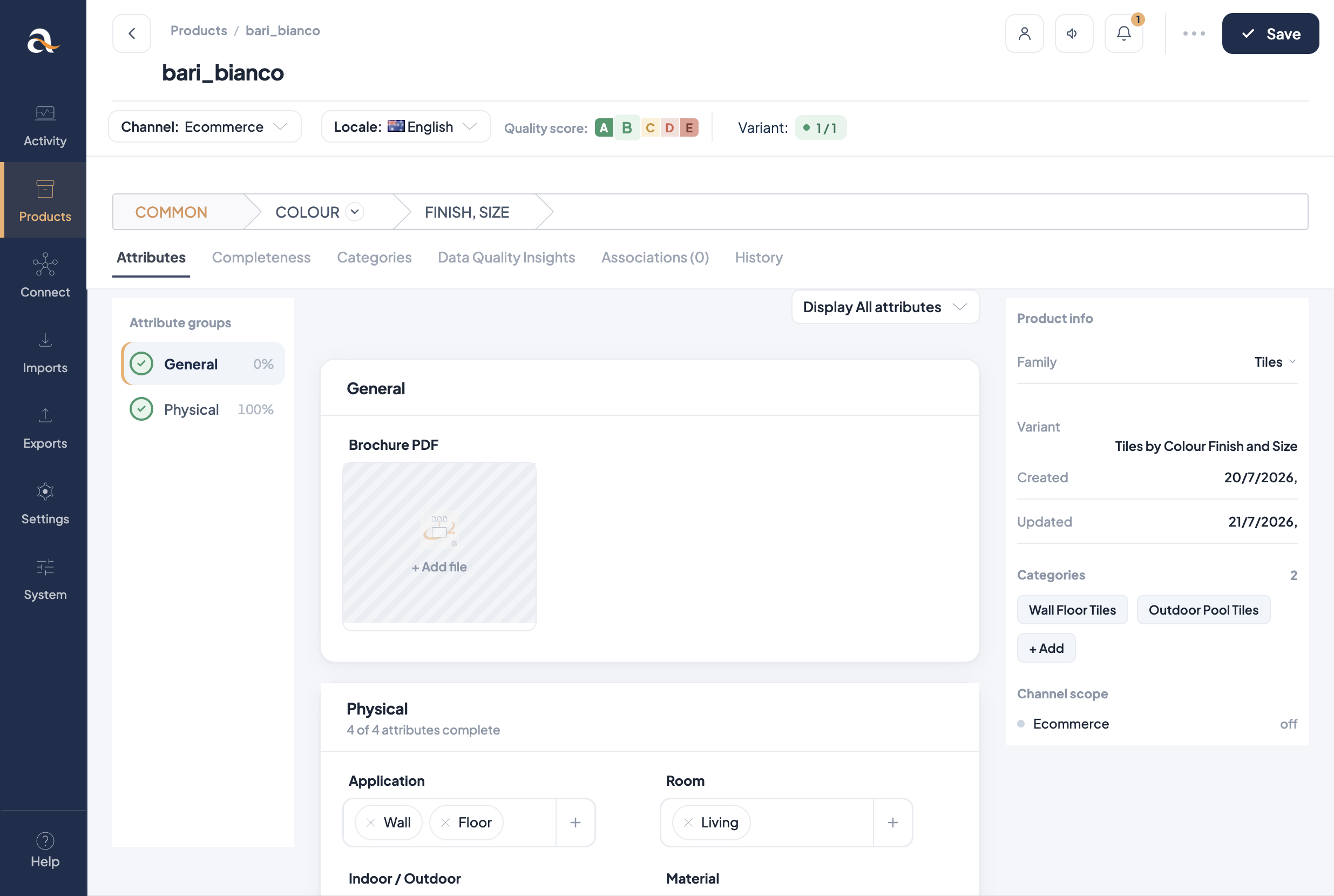 Product model edit form with attributes and completeness